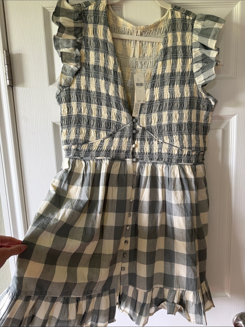 Anthropologie NWT 100% Cotton Checkered Flutter Sleeve Button-Front Sundress - Picture 3 of 3